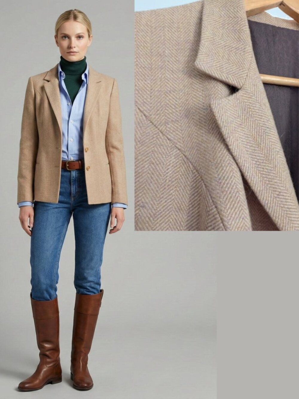 Vintage 1990s Custom Tailored Beige Wool Herringbone Blazer  S/M